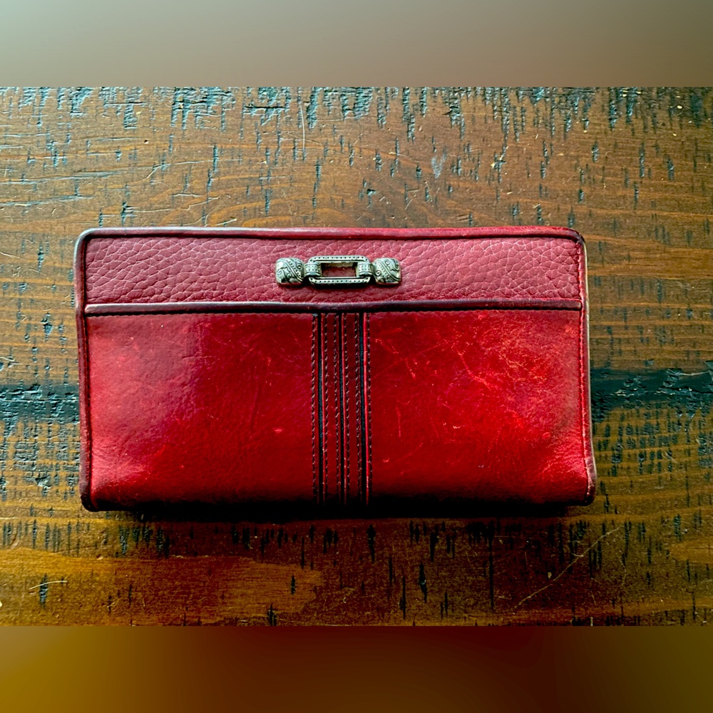 Vintage Brighton leather snap closure clutch wallet burgundy red black patina ~